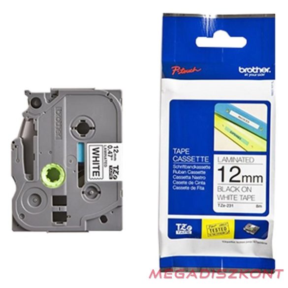 Feliratozó szalag BROTHER TZe-231 12mmx8m laminált fehér alapon fekete írásszín