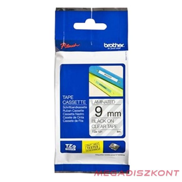 Feliratozó szalag BROTHER TZe-121 9mmx8m laminált átlátszó alalpon fekete írásszín