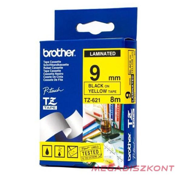 Feliratozó szalag BROTHER TZe-621 9mmx8m laminált sárga alapon fekete írásszín
