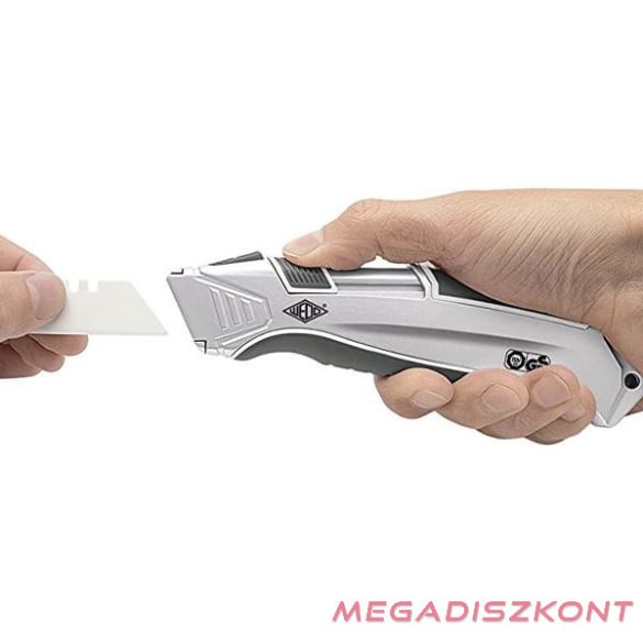 Univerzális vágókés WEDO 18 mm biztonsági 16,5 cm fém test gumi fogórész fém sínnel kerámia pót pengével