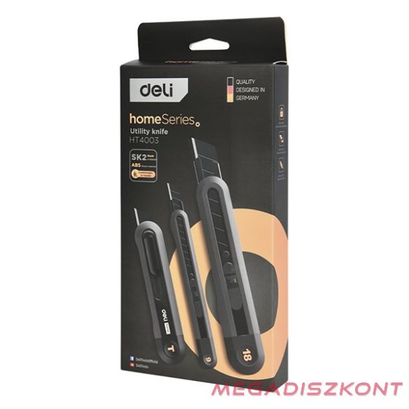Univerzális vágókés DELI műanyag test különböző méret fekete 3 darabos