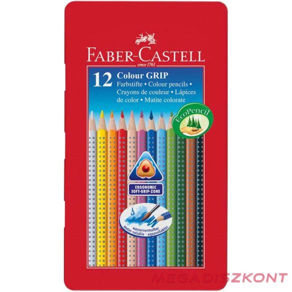 Színes ceruza FABER-CASTELL Grip háromszögletű fémdobozos 12 darabos