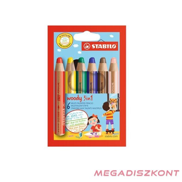 Színes ceruza STABILO Woody 3in1 hengeres vastag 6 darabos