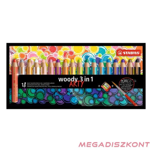 Színes ceruza STABILO Woody 3in1 hengeres vastag 18 darabos+hegyező+ecset