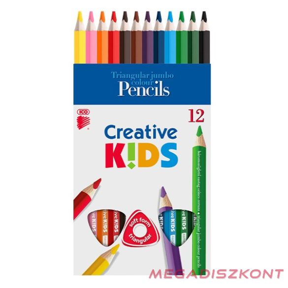 Színes ceruza ICO Creative Kids háromszögletű vastag festett 12 darabos
