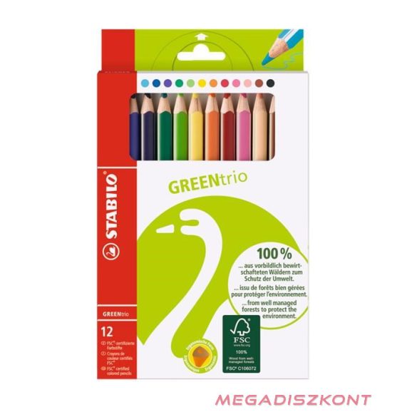 Színes ceruza STABILO Greentrio háromszögletű jumbo 12 darabos