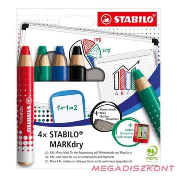 Jelölőceruza készlet STABILO MARKdry fehér táblákhoz és flipchartpapírhoz vastag kerek heggyel  4 darabos B