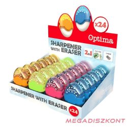   Hegyező és radír display OPTIMA 1 lyukú tartályos műanyag 24 darabos