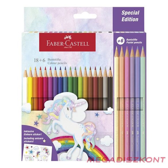 Színes ceruza FABER-CASTELL kastélyos Unikornis matricával 18 darabos + 6 darab pasztell színes ceruzával