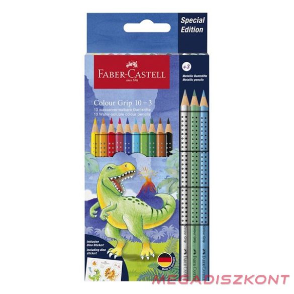 Színes ceruza FABER-CASTELL Grip Dinoszaurusz matricával 10 darabos + 3 darab metál színes ceruzával