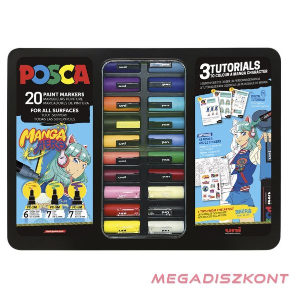 Filctoll UNI Posca Manga Hero vegyes fémdobozos 20 darabos