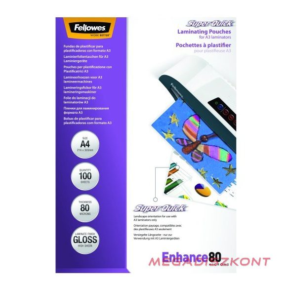 Lamináló fólia FELLOWES A/4 SuperQuick 80 mikron fényes 100/csom