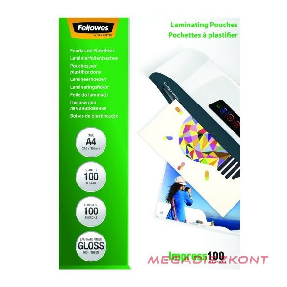 Lamináló fólia FELLOWES A/4 100 mikron fényes 100/csom