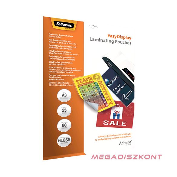 Lamináló fólia FELLOWES A/3 Admire Easy Display 80 mikron fényes öntapadó 25 darabos