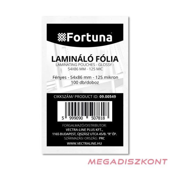 Lamináló fólia FORTUNA 54x86mm 125 mikron fényes 100/dob