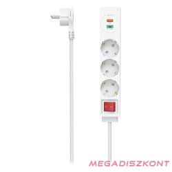   Kábel hosszabbító HAMA 3 aljzat + USB-C/USB-A 1,4m kapcsolóval fehér