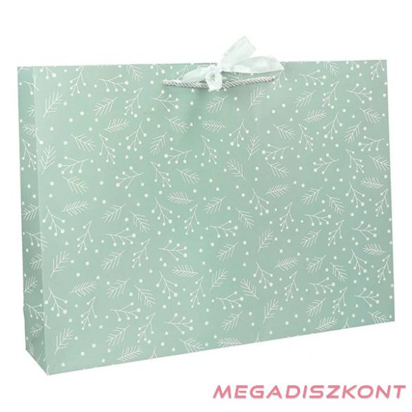 Dísztasak CREATIVE Deluxe Plus M 23x18x10 cm fekvő fagyöngy matt világoszöld sodort füles masnival