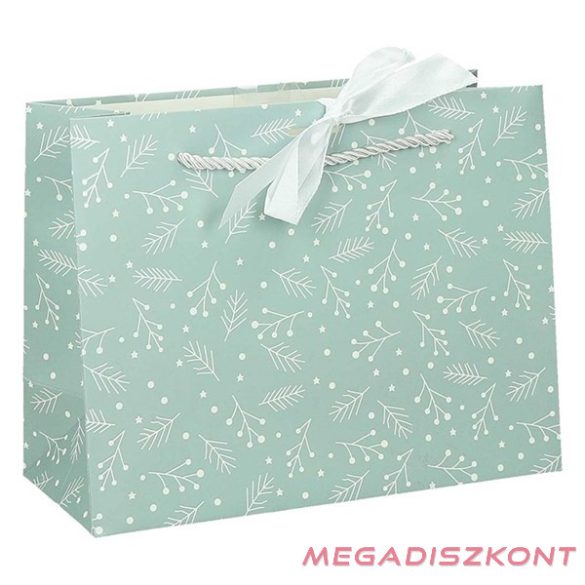 Dísztasak CREATIVE Deluxe Plus L 33x26x12 cm fekvő fagyöngy matt világoszöld sodort füles masnival