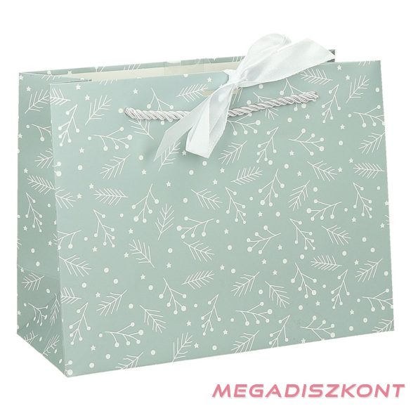 Dísztasak CREATIVE Deluxe Plus L 33x26x12 cm fekvő fagyöngy matt világoszöld sodort füles masnival