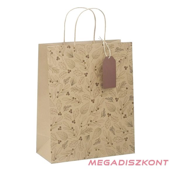 Dísztasak CREATIVE ECO Delucm x Plus L 32cm x 26cm x 12 cm kraft fóliás levél mintás sodort füles
