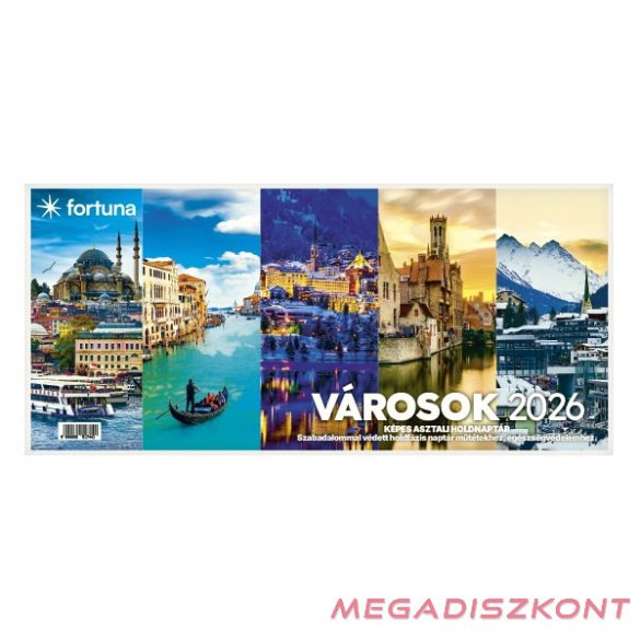 Asztali naptár képes FORTUNA álló fehér lapos holdfázissal Városok 2026.